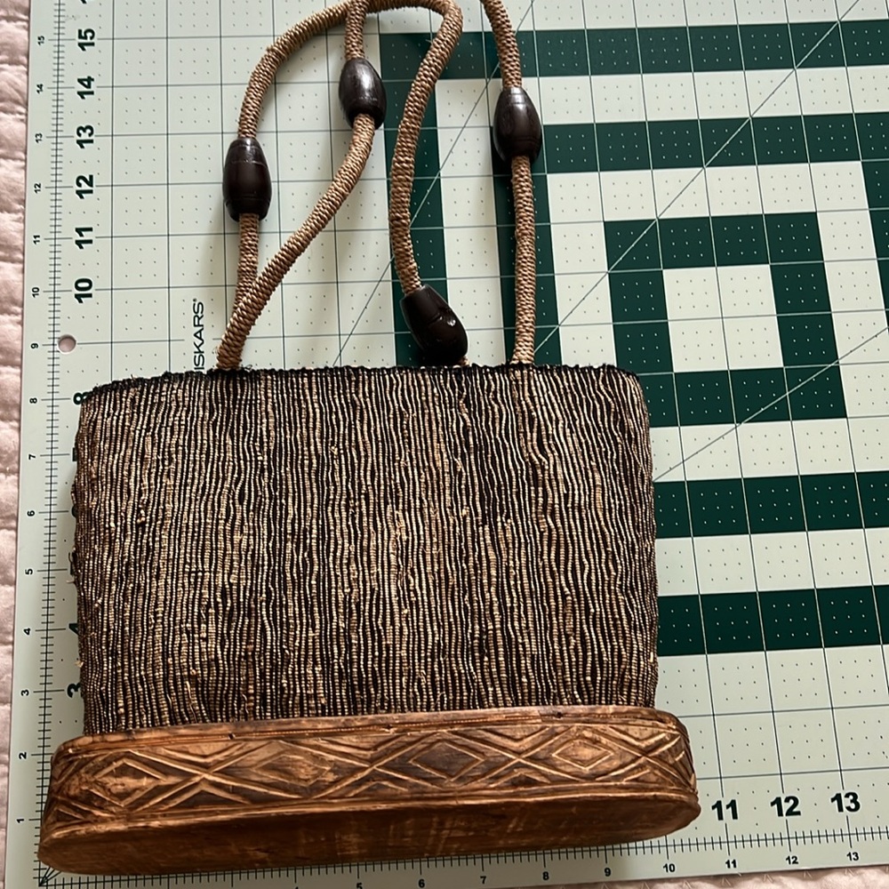 Stylish Black and Tan Woven Tote Bag With Wood Bottom - Picture 7 of 7